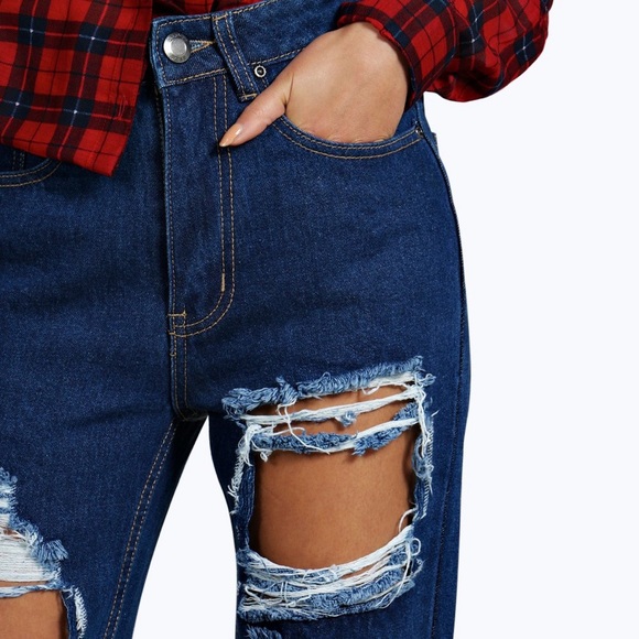 Distressed Mom Jeans Dark Blue - Picture 4 of 8